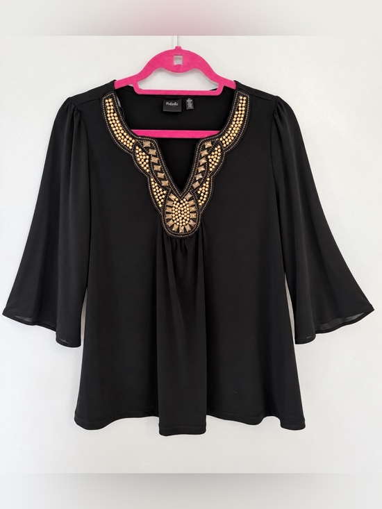 Rafaella Tops - Rafaella Black Gold Beaded Feminine Ladylike Top SP Whimsigoth Boho Bell Sleeve